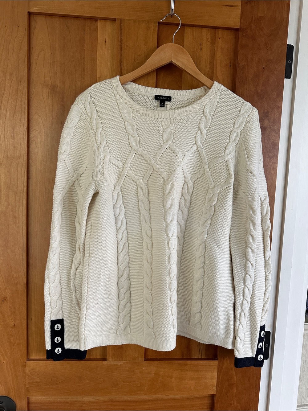 Talbots Cream Cable-Knit Sweater with Button Cuff Detail